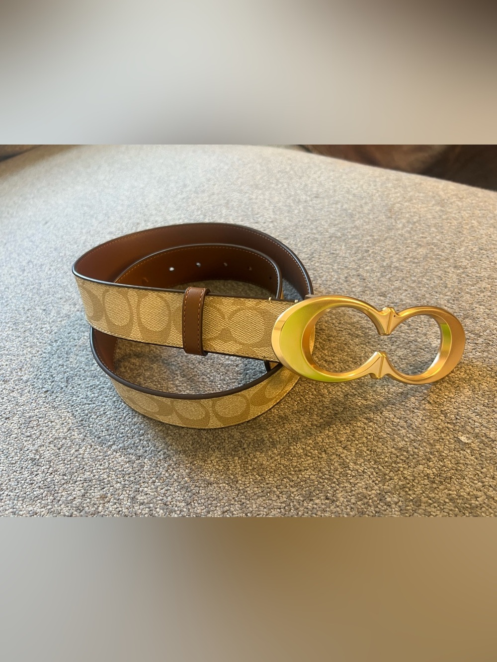 Coach Tan Signature Monogram Belt with Gold Double-C Buckle